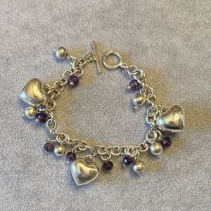 Sterling Silver Heart & Amethyst Bracelet - Heavy - 48Grams
